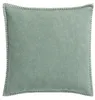 A square pillow with a green fabric and white stitching around the edges, presented on a white background. Produktbild-Vorschau