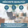 A gray armchair and ottoman are shown with marketing text and icons highlighting quality features. Náhľad obrázku produktu