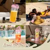 Collage of images showing a portable blender in various settings: gym, beach, poolside, and camping. Produktbild-Vorschau