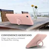 A pink phone case with a ring stand is shown on a wooden table with chairs and flowers in the background. The bottom part of the image shows a close-up of the phone case with the ring stand. Náhled obrázku produktu