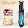 A close-up of an immersion blender with internal components visible, alongside images of food prepared with it. Produktbild-Vorschau