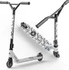 A white and black stunt scooter with a skull pattern is shown from multiple angles against a white background. Produktbild-Vorschau