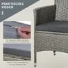 Close-up of a grey rattan chair cushion with text overlays describing its features. Produktbild-Vorschau