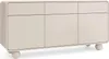 A modern beige sideboard with three drawers and three doors, resting on spherical feet. Produktbild-Vorschau