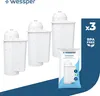 Three white water filter cartridges are displayed on a white background, with a blue overlay on the right side containing product information. Náhled obrázku produktu