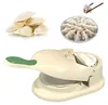 A collage of images showing uncooked and cooked dumplings, and a dumpling maker. Produktbild-Vorschau