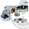 A chrome-plated brass double device valve with three outlets, shown from two different angles. Produktbild-Vorschau
