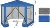 A diagram of a blue hexagonal gazebo with dimensions indicated by lines and numbers. Produktbild-Vorschau