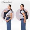 Two images of a woman wearing a dark blue baby carrier with a baby in it, demonstrating two different carrying positions. Náhled obrázku produktu