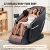 A woman is relaxing in a massage chair, with text overlays highlighting its features. Produktbild-Vorschau