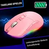A pink gaming mouse with RGB lighting is shown against a dark, abstract background with blue lightning effects. Produktbild-Vorschau
