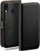 A black leather flip case for a smartphone is shown from an angled front view.