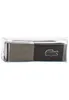 A brown and gray Lacoste belt with a silver buckle and a green crocodile logo, presented in clear packaging. Produktbild-Vorschau