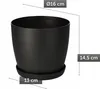 A black planter pot with a saucer, with dimensions indicated by lines and text. Produktbild-Vorschau