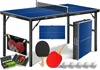 A table tennis set is displayed on a white background, including the table, net, paddles, and balls. Produktbild-Vorschau