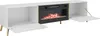 A white TV lowboard with a built-in electric fireplace and gold accents, shown with its doors open. Náhľad obrázku produktu