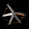 A Fiskars folding saw is shown in three different positions, indicated by numbers 1, 2, and 3, with dashed lines and arrows illustrating its movement. Produktbild-Vorschau