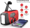 A red and black emergency radio with a solar panel and a flashlight is shown next to a smartphone that is charging from it. Icons and text describing the product's features are displayed to the right. Produktbild-Vorschau