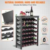 A dark gray bamboo wine rack filled with wine bottles, with decorative elements and text overlays highlighting product features. Náhľad obrázku produktu