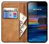 A book-style phone case with a Sony Xperia 1 phone inside, showing cards and banknotes in the case. Anteprima dell’immagine prodotto