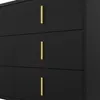 A close-up view of a black dresser with gold handles. Podgląd zdjęcia produktu