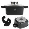A product shot of a black square pot with a glass lid, and two black silicone pot handle covers, and the bottom of the pot. Produktbild-Vorschau