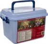 A light blue plastic toy box with a dark blue handle and latches, featuring a colorful label with various toy animals and text. Anteprima dell’immagine prodotto
