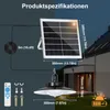 Diagram showing the specifications and components of a solar-powered pendant light, with a depiction of the light installed on a house exterior. Náhled obrázku produktu