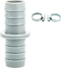 A gray plastic hose connector and two silver hose clamps on a white background. Produktbild-Vorschau