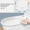 A split image showing a toilet seat being detached for cleaning and a hand cleaning a toilet bowl. Produktbild-Vorschau