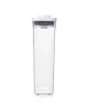 A clear, studio shot of a tall, rectangular, clear plastic food storage container with a gray lid, isolated on a white background. Produktbild-Vorschau
