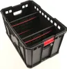 A black plastic storage crate with red dividers, shown from a diagonal angle against a white background. Voir les images du produit