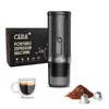 A portable espresso machine with its packaging, a cup of espresso, and coffee grounds. Produktbild-Vorschau
