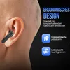 A close-up of a person's ear with a black wireless earbud inserted, with marketing text and icons on the right side. Produktbild-Vorschau