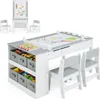 A children's art table and easel set with chairs and storage bins. Produktbild-Vorschau