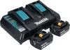 A black Makita dual battery charger with two batteries in front of it, set against a white background. Náhled obrázku produktu