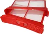 A red plastic lint filter with white mesh screens, shown at an angle against a white background. Produktbild-Vorschau