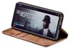 A smartphone in a brown flip case is displayed, showing a movie streaming interface on its screen. Produktbild-Vorschau