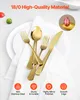 A set of gold cutlery is arranged on a white napkin on a white plate, with small red and green fruits in the background. There are also icons and text highlighting product features. Voir les images du produit