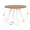 A round dining table with a wooden top and white legs, shown with dimensions indicated. Produktbild-Vorschau