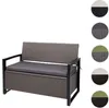 A poly-rattan garden bench with a storage compartment and a gray cushion, shown against a white background. Small circular swatches of different color options are displayed on the right side of the image. Podgląd zdjęcia produktu
