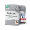 Product packaging for two grey fitted sheets with a prominent label and a quality award. Produktbild-Vorschau