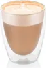 A double-walled glass cup filled with a latte with latte art on top. Voir les images du produit