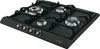 A black gas hob with four burners and control knobs. Voir les images du produit
