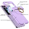 A disassembled purple flip phone case with a ring stand, showing its protective features. Produktbild-Vorschau