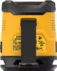 Close-up view of the back of a yellow and black DeWalt mini Bluetooth speaker, showing a black strap and product information label. Podgląd zdjęcia produktu
