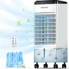 A mobile air cooler with ice packs and a remote control, surrounded by graphics indicating airflow and cooling. Produktbild-Vorschau
