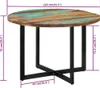 A round dining table with a rustic wooden top and black metal legs, shown with dimensions indicated by purple lines and text. Náhľad obrázku produktu