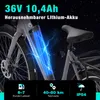 Close-up of an electric bicycle's battery and frame, with promotional text and icons at the bottom. Produktbild-Vorschau