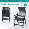 Two black folding garden chairs are shown with dimensions labeled in centimeters. One chair is folded, and the other is open. Voir les images du produit